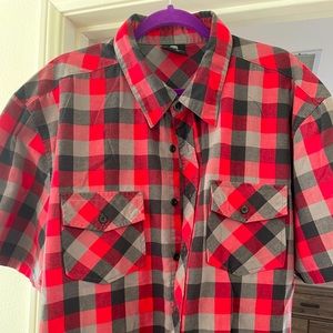 Men’s red, black and grey plaid button up shirt